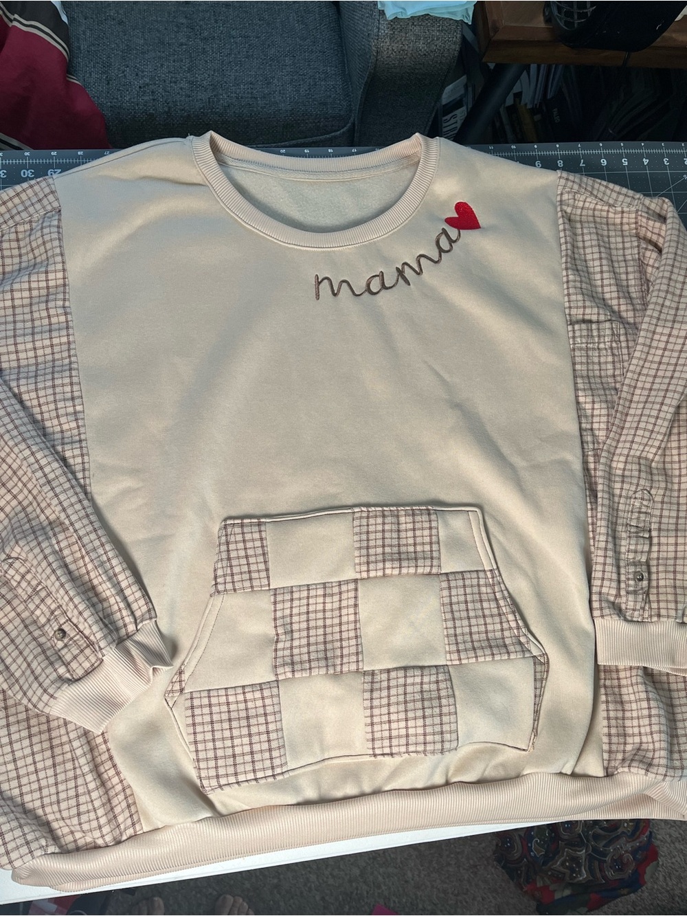 Up cycled tan brown “Mama” flannel sweatshirt, size 2X handmade custom pocket